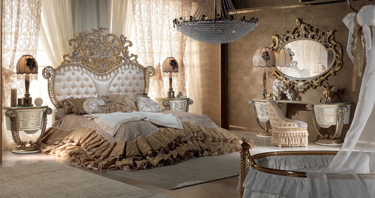 Aida romantic bedroom composition, classic bedroom furniture with brass outlines