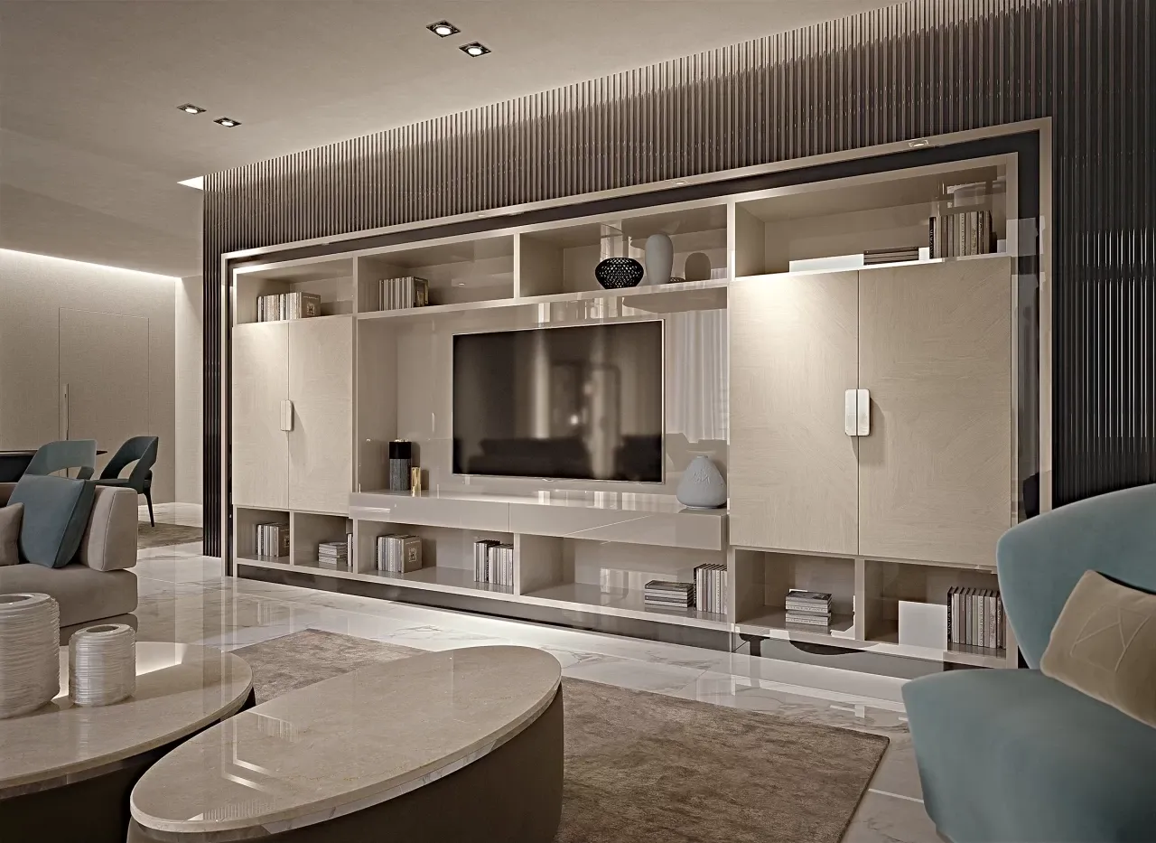 Icon Library by Francesco Pasi, Italian bookcase wall with TV and storage