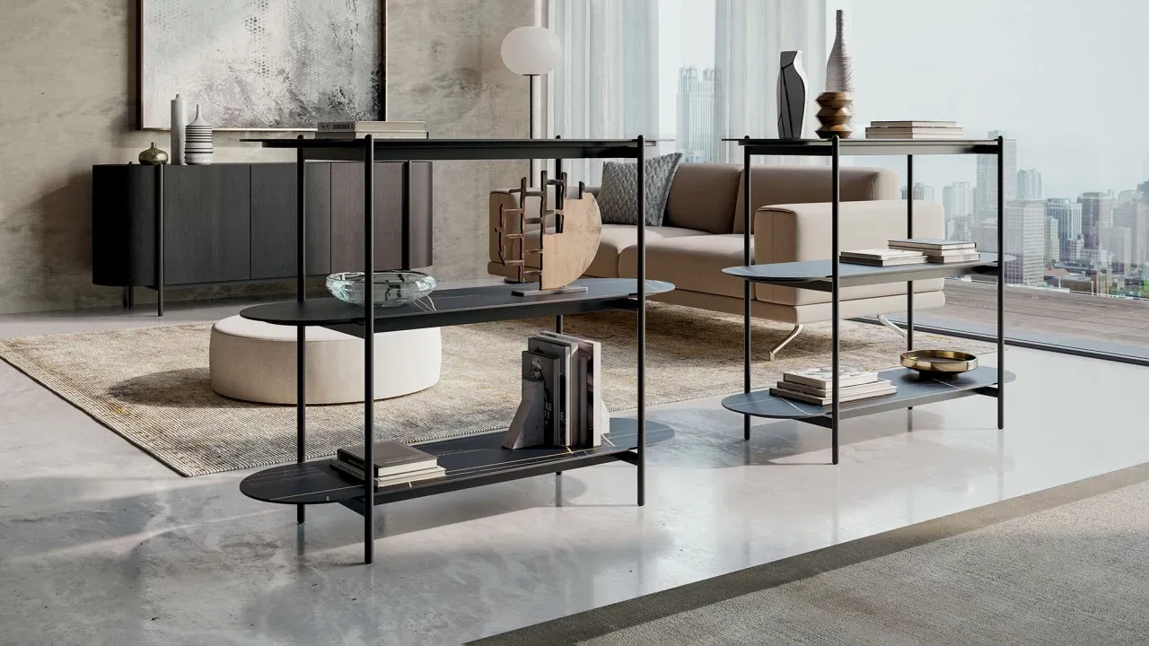 Supernova Library by Dall'Agnese, open bookshelves on a black metal structure